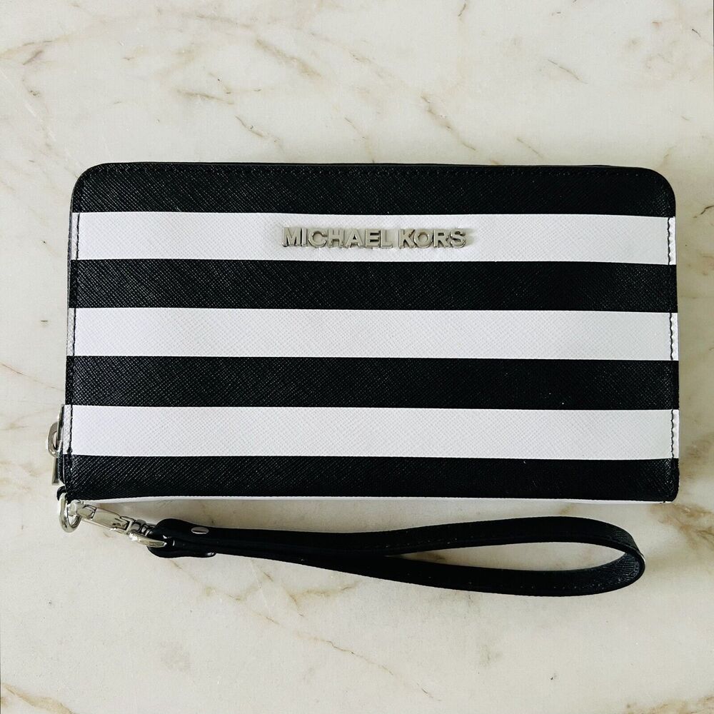 MICHAEL KORS Black & White Stripe Saffiano MF Phone Case Zip Wallet Wrislet